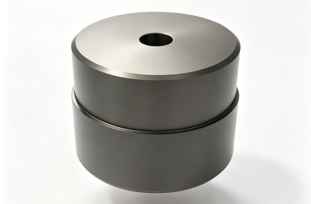 Two stacked cylindrical grey metal objects with center hole.