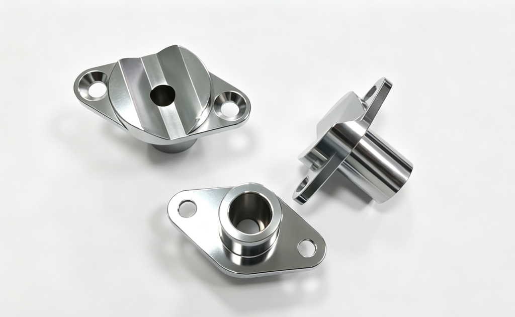 Three machined aluminum mechanical parts on white background.